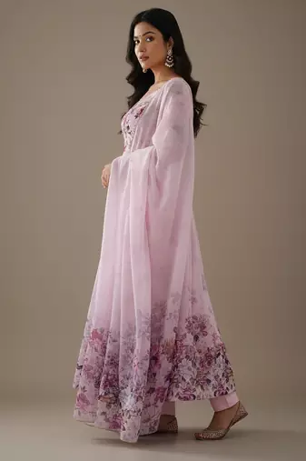 Pink printed pure organza salwar suit