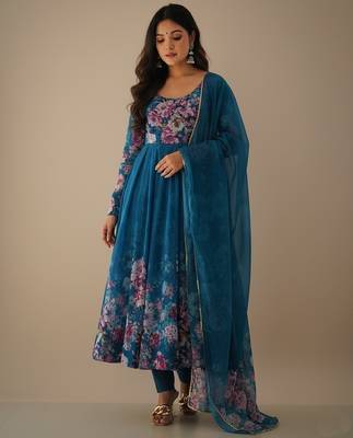 Sea-green printed pure organza salwar suit 1