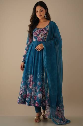 Sea-green printed pure organza salwar suit