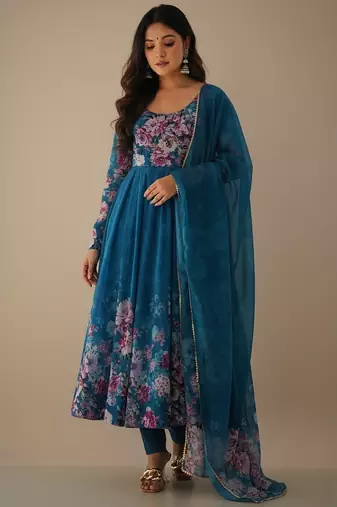 Sea-green printed pure organza salwar suit