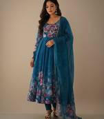Sea-green printed pure organza salwar suit