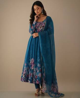 Sea-green printed pure organza salwar suit 2