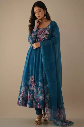 Sea-green printed pure organza salwar suit