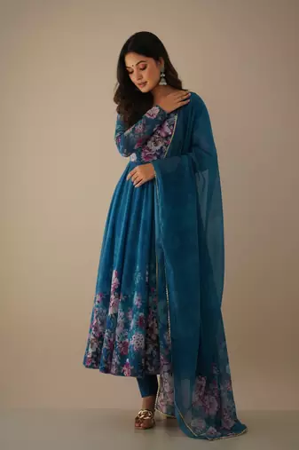 Sea-green printed pure organza salwar suit