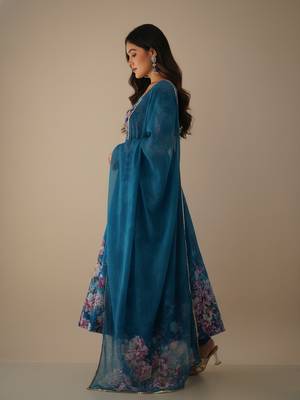 Sea-green printed pure organza salwar suit 4