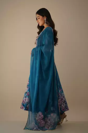 Sea-green printed pure organza salwar suit