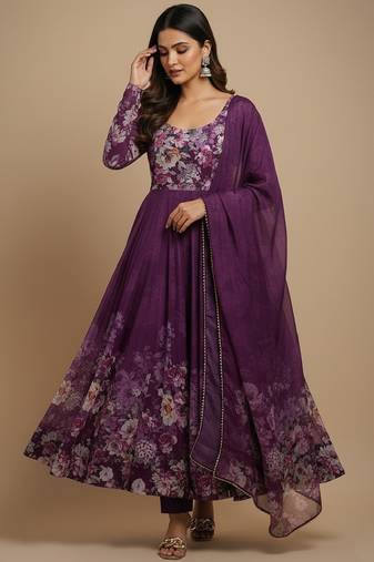 Wine printed pure organza salwar suit