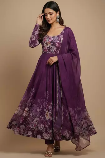 Wine printed pure organza salwar suit