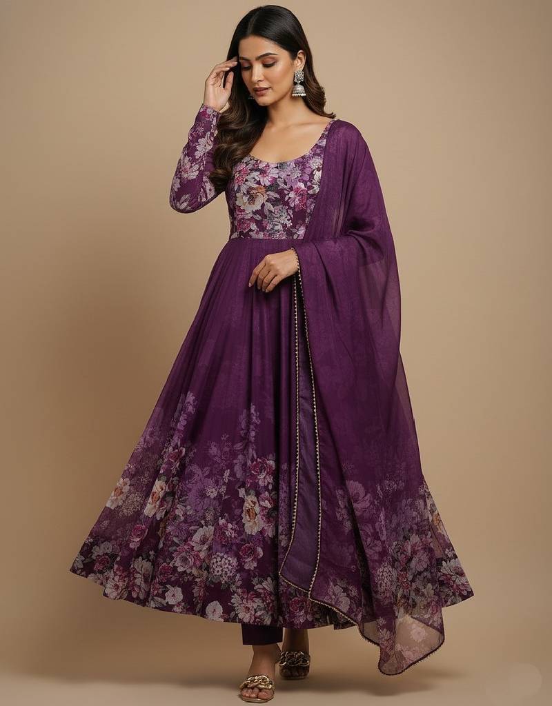 Wine printed pure organza salwar suit