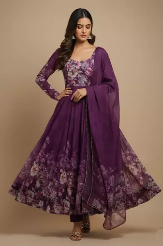 Wine printed pure organza salwar suit