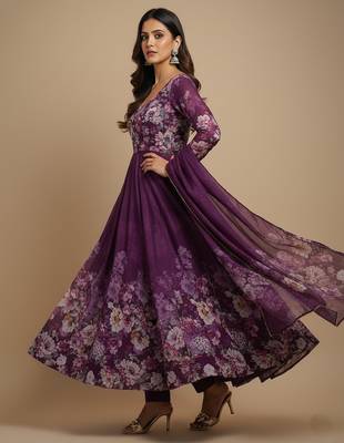 Wine printed pure organza salwar suit 3