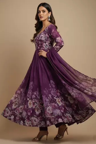 Wine printed pure organza salwar suit