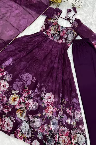 Wine printed pure organza salwar suit