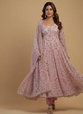 Pink printed chiffon salwar suit 1