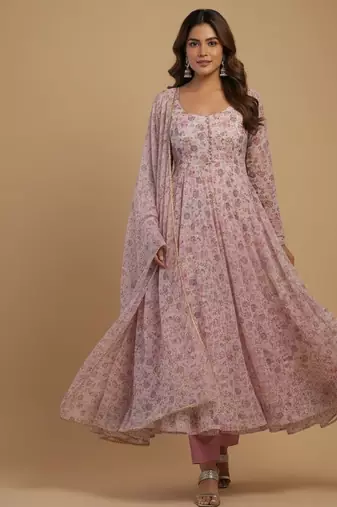 Pink printed chiffon salwar suit