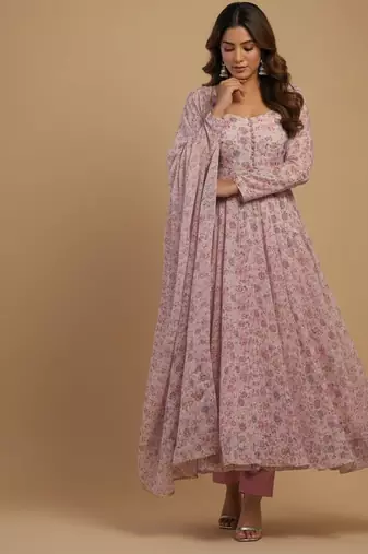 Pink printed chiffon salwar suit