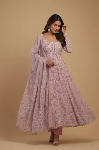 Pink printed chiffon salwar suit
