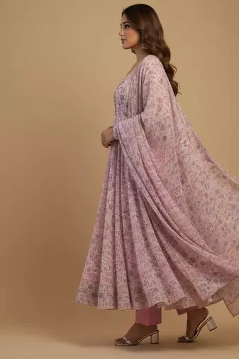 Pink printed chiffon salwar suit