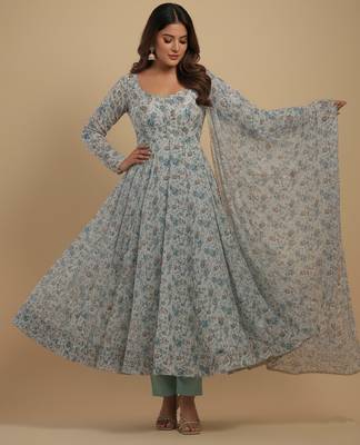 Sky-blue printed chiffon salwar suit 1