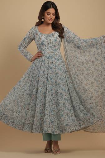 Sky-blue printed chiffon salwar suit