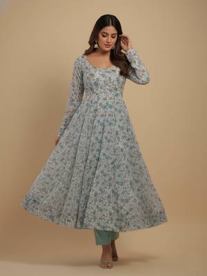 Sky-blue printed chiffon salwar suit 2