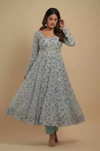 Sky-blue printed chiffon salwar suit