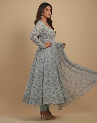 Sky-blue printed chiffon salwar suit 3