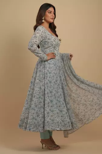 Sky-blue printed chiffon salwar suit