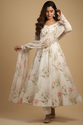 Off-white printed pure organza salwar suit