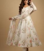 Off-white printed pure organza salwar suit