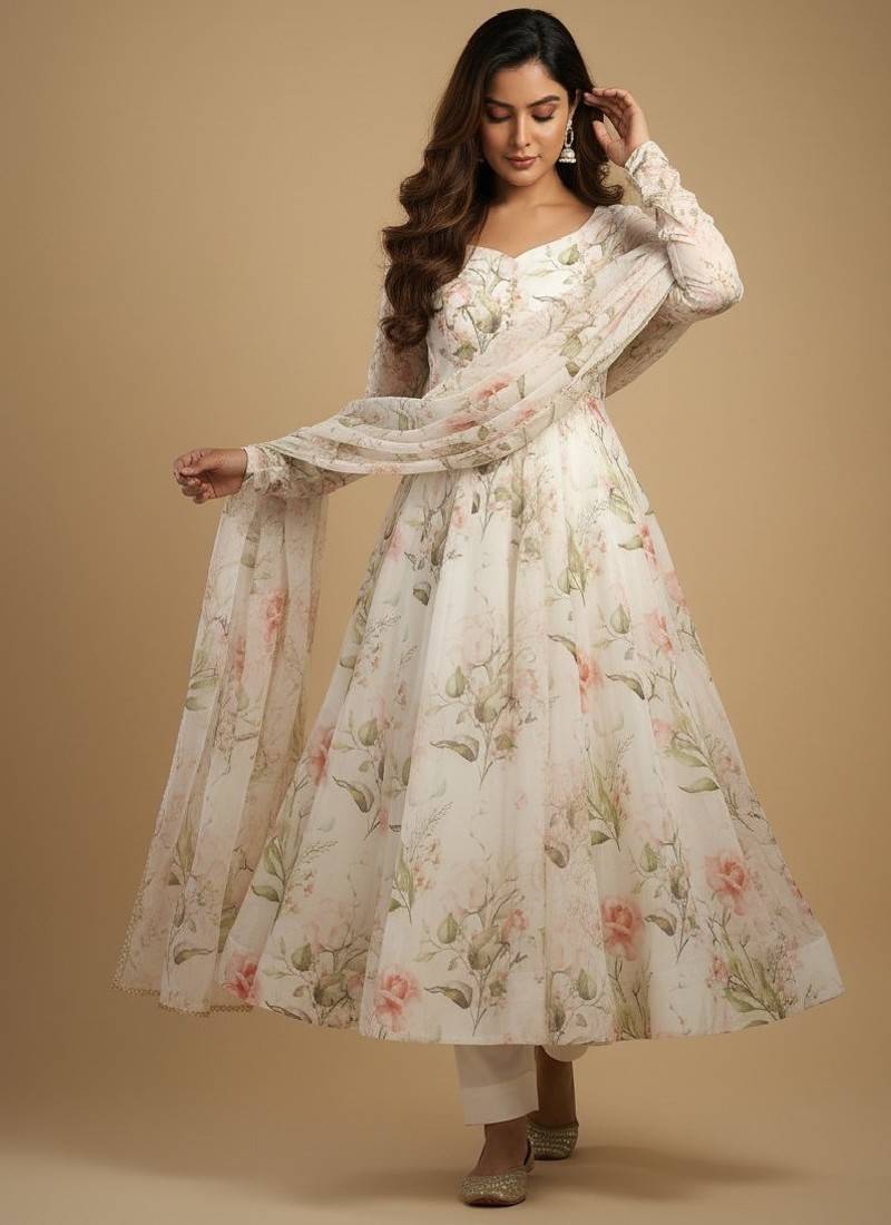Off-white printed pure organza salwar suit