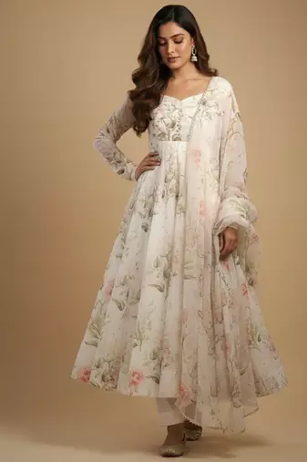 Off-white printed pure organza salwar suit