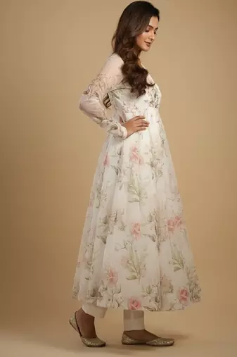 Off-white printed pure organza salwar suit