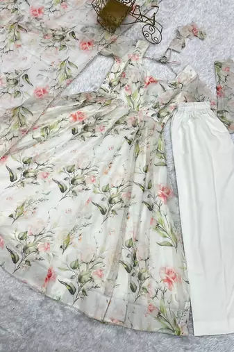 Off-white printed pure organza salwar suit