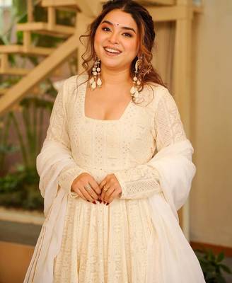 Off white soft georgette  party wear embroidery  suit set 5