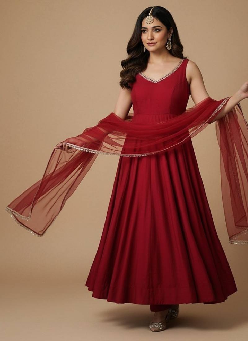 Maroon embroidered pure silk salwar suit