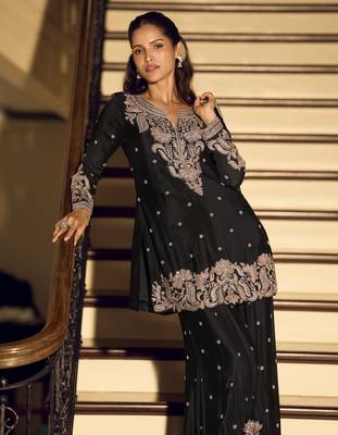 Black art silk thread embroidery readymade suits free size up to 42 2