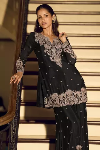 Black art silk thread embroidery readymade suits free size up to 42