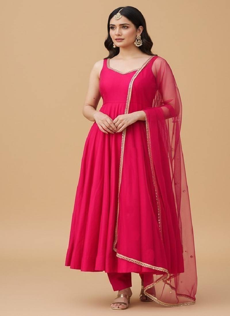 Rani-pink embroidered pure silk salwar suit
