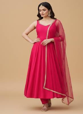Rani-pink embroidered pure silk salwar suit 2