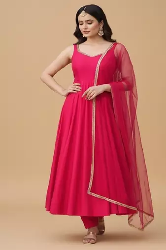 Rani-pink embroidered pure silk salwar suit