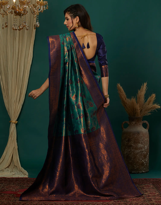 sky neavy blue silk blend banarasi saree with unstitched blouse piece 2