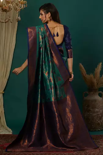 sky neavy blue silk blend banarasi saree with unstitched blouse piece
