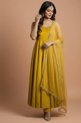 Yellow embroidered pure silk salwar suit