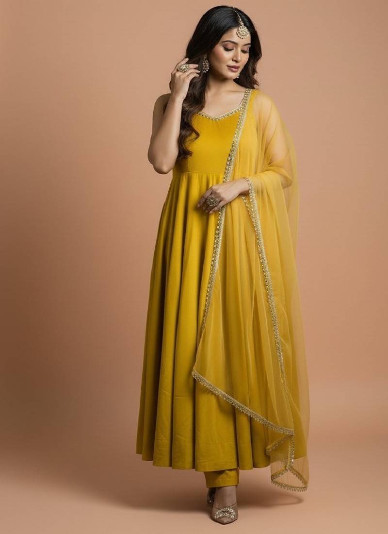 Yellow embroidered pure silk salwar suit