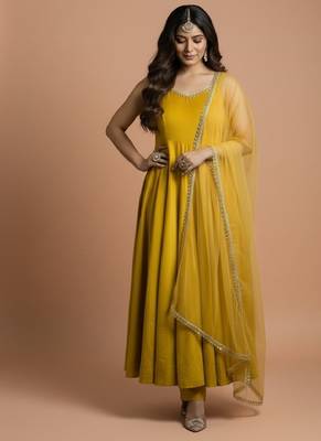 Yellow embroidered pure silk salwar suit 2
