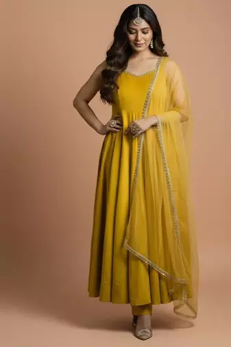 Yellow embroidered pure silk salwar suit