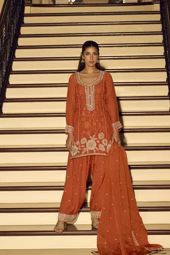 Orange art silk thread embroidery readymade suits free size up to 42