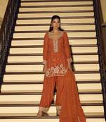 Orange art silk thread embroidery readymade suits free size up to 42