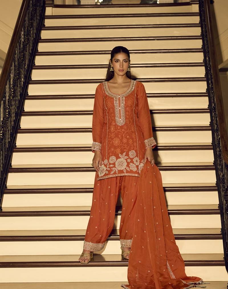 Orange art silk thread embroidery readymade suits free size up to 42